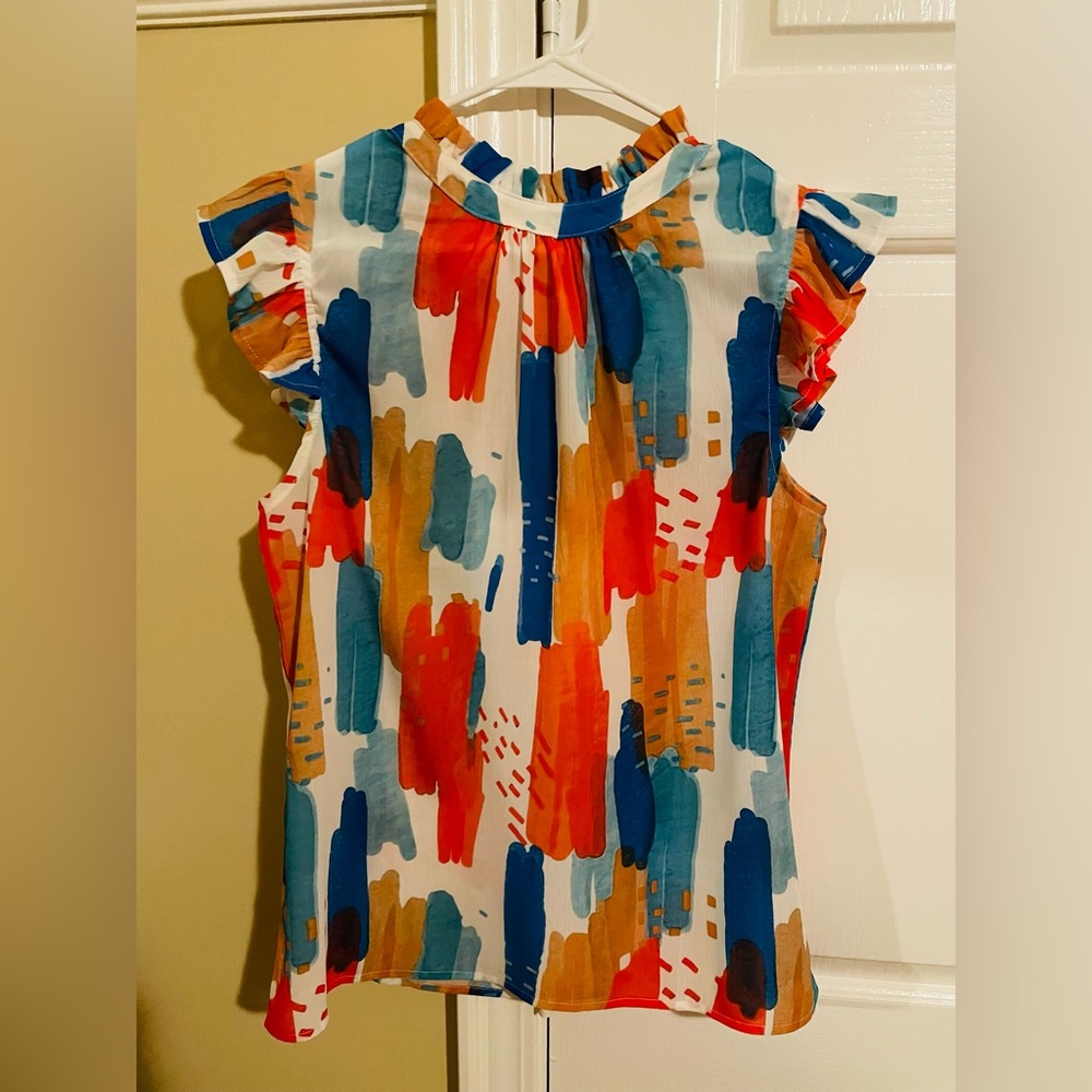 Abstract Brushstroke Cap Sleeve Blouse - Multicolor